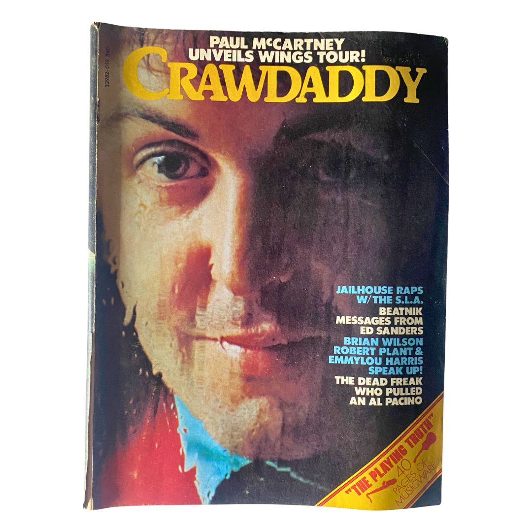VTG Crawdaddy Magazine April 1976 featuring Paul McCartney unveiling Wings Tour, showcasing an artistic cover image with vibrant colors.
