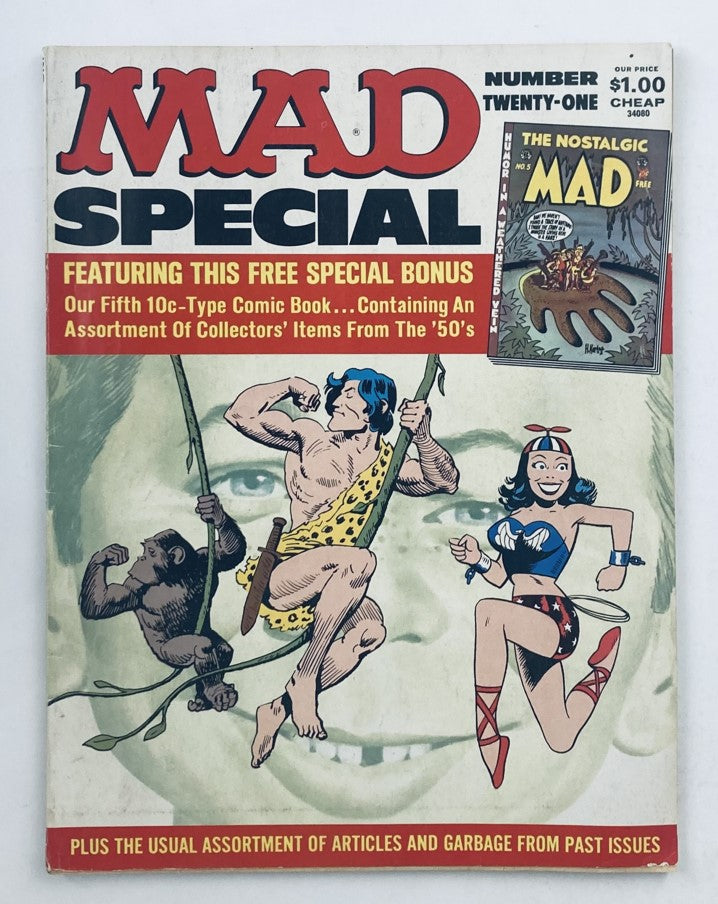 Cover of Mad Super Special Magazine 1976 No. 21 featuring humorous illustrations, including a muscular man in a loincloth and a woman in a swimsuit, highlighting the iconic story 'Antenna on the Roof.'