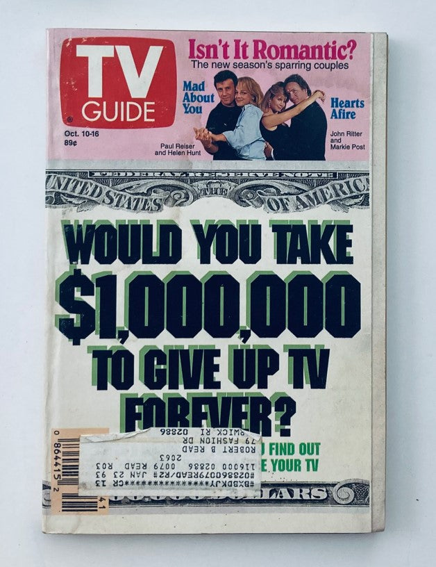TV Guide Magazine October 10 1992 featuring a cover with the title 'Isn't It Romantic?' and a bold question about giving up TV for a million dollars; includes references to shows like 'Mad About You' and actors Paul Reiser and Helen Hunt.