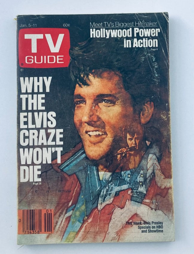 Cover of TV Guide Magazine January 5, 1985 featuring Elvis Presley with the headline 'Why the Elvis Craze Won't Die'. This nostalgic magazine reflects the TV programming of the mid-80s.