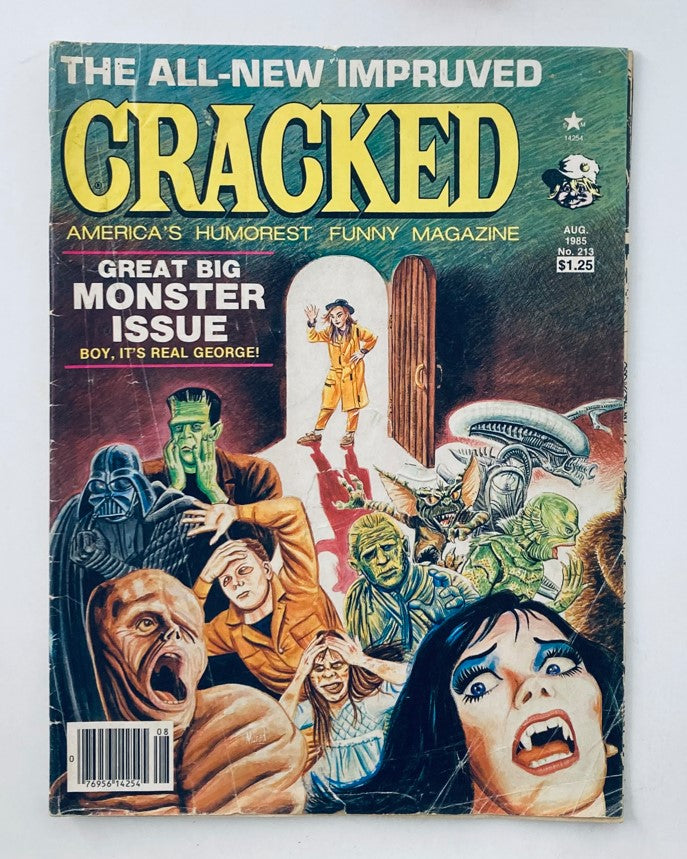 VTG Cracked Magazine August 1985, No. 213 Monster Issue cover showcasing vibrant artwork featuring iconic monsters and humorous characters from 1980s pop culture.