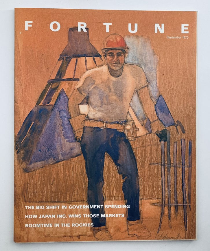 Cover of VTG Fortune Magazine September 1970 titled 'Boomtime in the Rockies' featuring a worker in a hard hat and construction attire, symbolizing the economic growth in the Rocky Mountains.