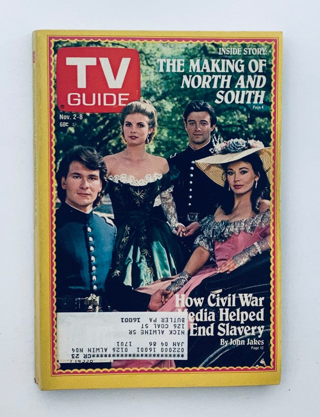 TV Guide Magazine featuring the cast of North and South, November 2-8, 1985, showcasing historical drama and insights into the making of the mini-series.
