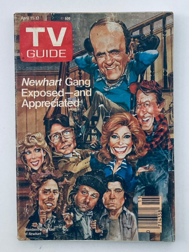 Cover of TV Guide Magazine from April 11, 1987 featuring the Newhart Gang with the title 'Newhart Gang Exposed and Appreciated'. The magazine showcases caricatures of the cast members from the classic show Newhart.