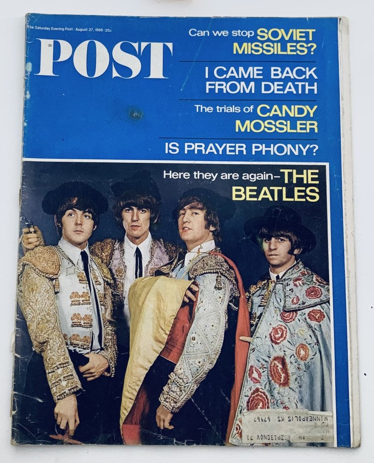The Saturday Evening Post August 27 1966 Issue No. 18 cover featuring The Beatles, showcasing the iconic band dressed in vibrant outfits and posing for the magazine.