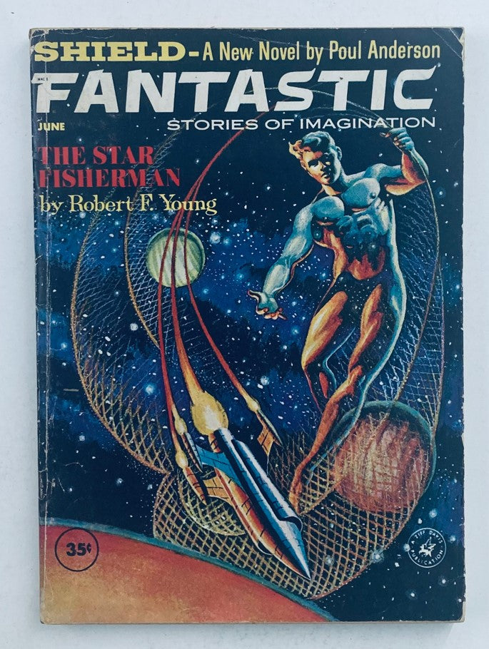 Cover of Fantastic Stories of Imagination Magazine June 1962 featuring 'The Star Fisherman' by Robert F. Young, showcasing vibrant artwork of a futuristic scene with a muscular figure in space and a rocket.