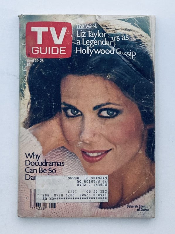 TV Guide Magazine April 20 1985 featuring Deborah Shelton on the cover, showcasing a vintage magazine with a glossy finish and a headline related to Liz Taylor. The magazine is slightly worn with creases.