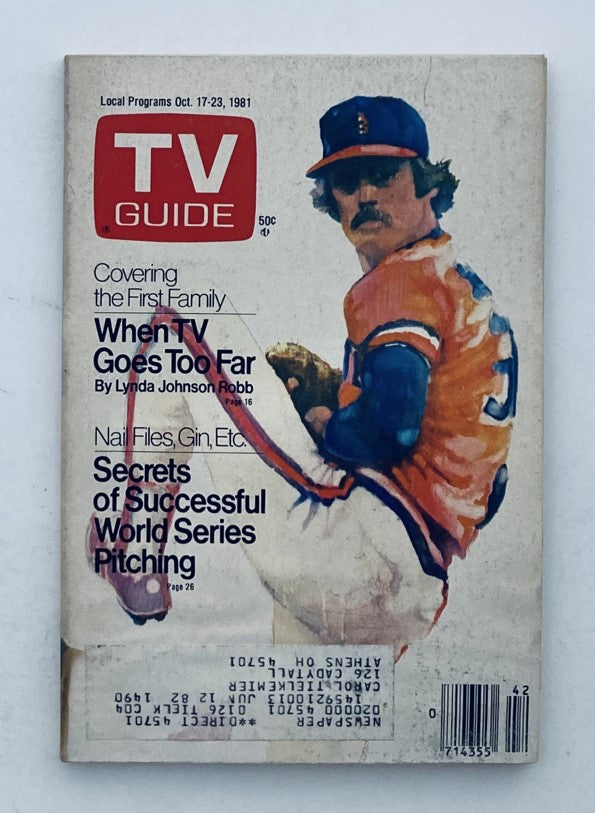 TV Guide Magazine cover from October 17, 1981, featuring article on World Series Pitching. The cover displays a sports figure in an orange and blue jersey, representing the West Virginia edition, with a prominent TV Guide logo.