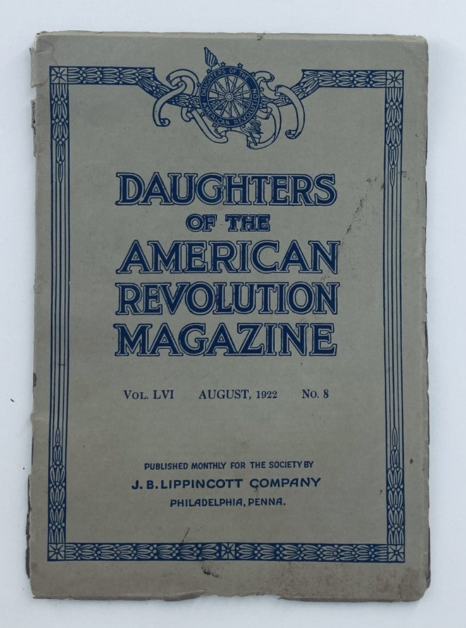 Cover of Daughters of the American Revolution Magazine August 1922 featuring artistic design and title details.