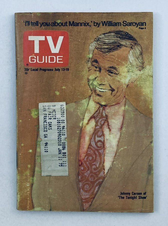TV Guide Magazine July 13 1974 featuring Johnny Carson on the cover, showcasing vibrant colors and an iconic portrait of the television legend.