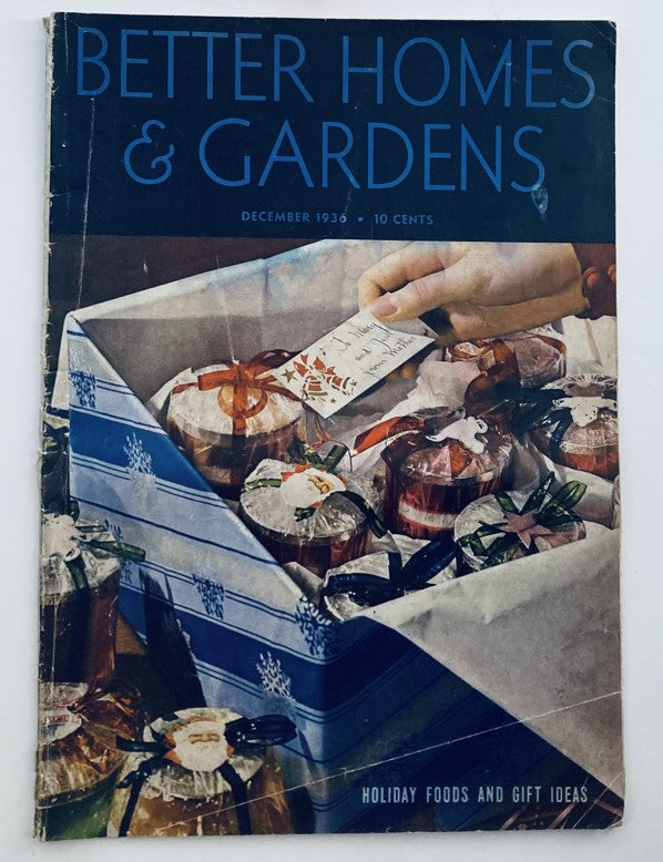 Cover of VTG Better Homes & Gardens Magazine December 1936 showcasing holiday foods and gift ideas, featuring decorative jars and a handwritten gift tag.