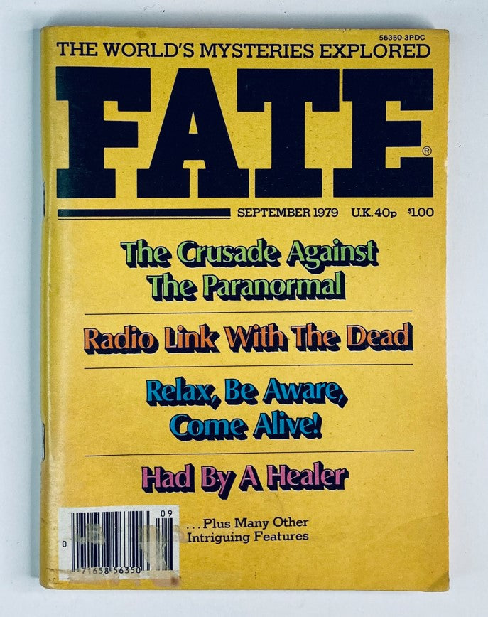 Vintage Fate Magazine September 1979 Vol 33 No. 9 featuring the cover story 'Radio Link with the Dead,' exploring paranormal themes, with a bright yellow background and bold titles.