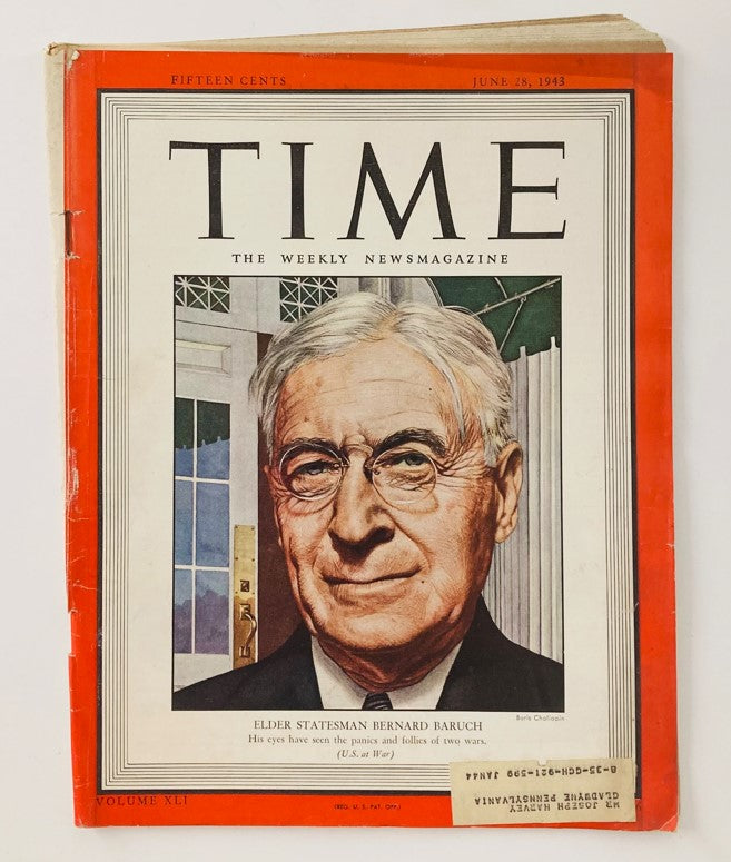 VTG Time Magazine June 28 1943 featuring Elder Statesman Bernard Baruch, Volume 41, Number 26, highlighting World War II.