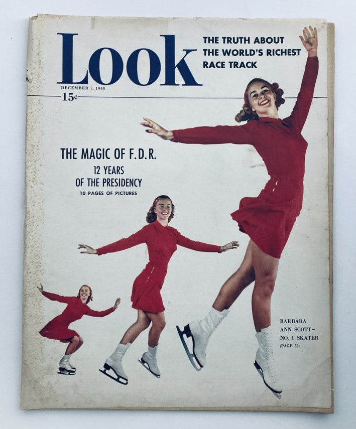 Cover of VTG Look Magazine December 7 1948, featuring Barbara Ann Scott, the number one skater, showcasing her elegance in a red dress and ice skates.