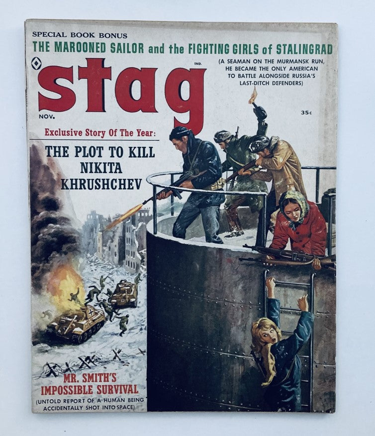 Cover of VTG Stag Magazine November 1960 Vol 11 No. 11 featuring the exclusive story 'The Plot to Kill Nikita Khrushchev' with military illustrations and vintage design.