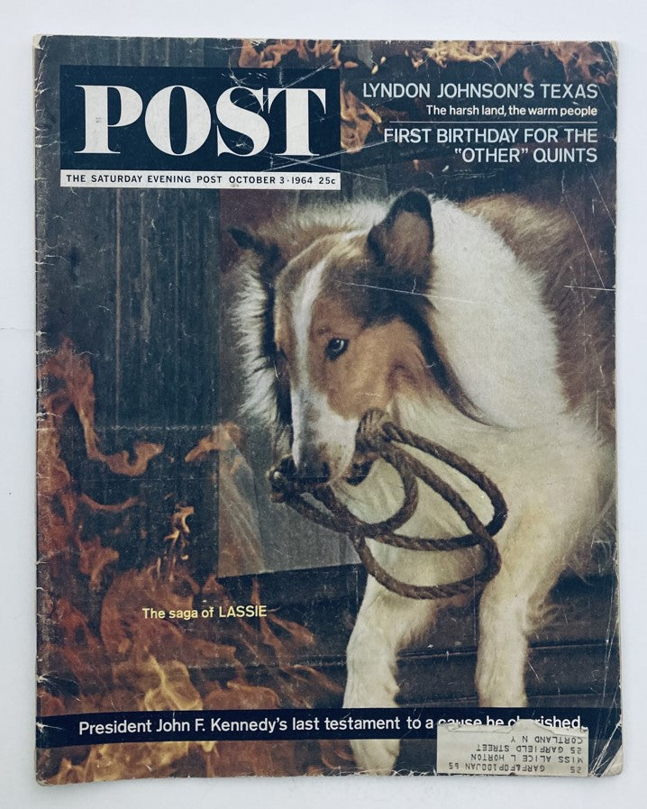Cover of The Saturday Evening Post, October 3, 1964, featuring The Saga of Canine Lassie, showcasing a collie dog with a rope, embodying the nostalgia and charm of vintage publications.