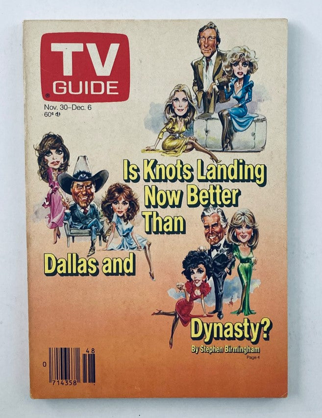 Front cover of TV Guide Magazine, November 30, 1985, featuring characters from Dallas and Dynasty, along with the question 'Is Knots Landing Now Better Than Dallas and Dynasty?' This issue highlights key moments in television history.