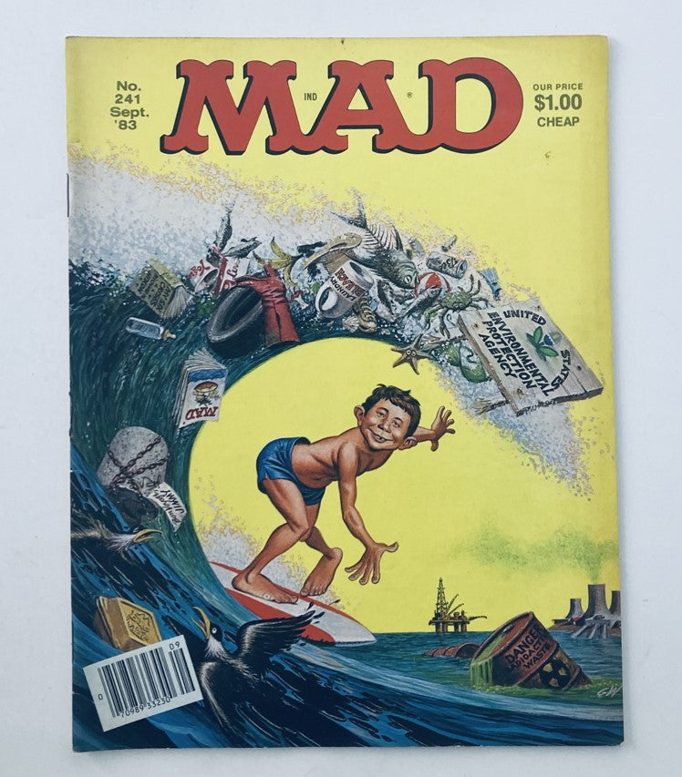 Vintage Mad Magazine September 1983 No. 241 cover featuring a whimsical surfing illustration criticizing environmental issues. The cover art highlights the magazine's humorous and satirical tone.