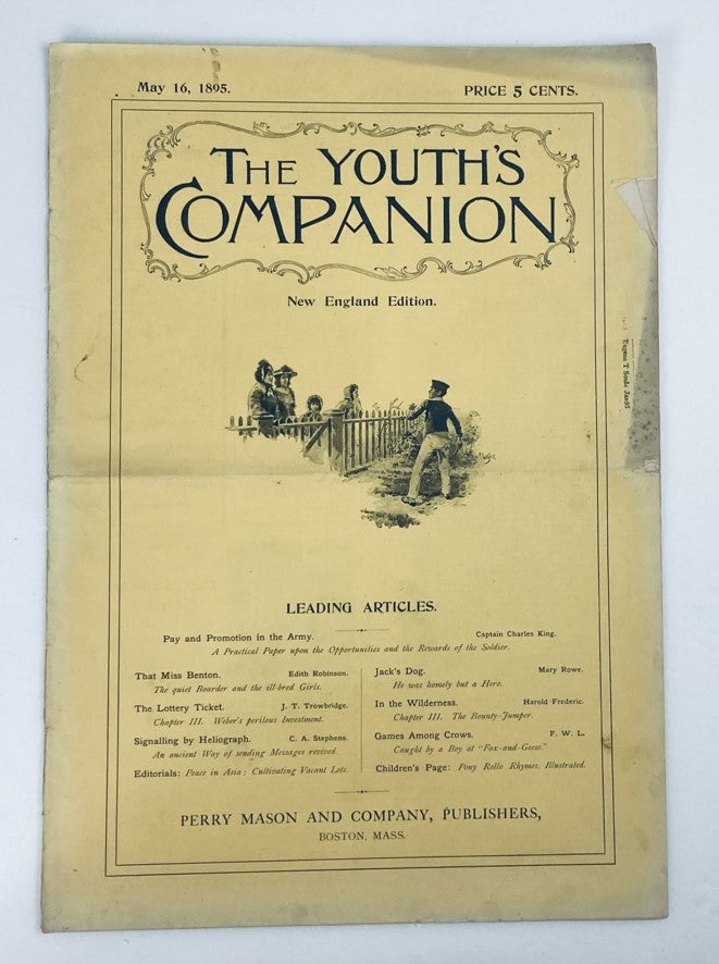 Cover page of VTG The Youth's Companion Magazine dated May 16, 1895, featuring article highlights and illustrations, showcasing youth culture of the late 19th century.