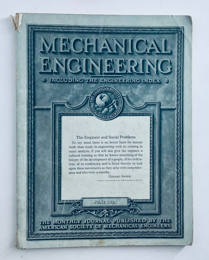 Cover of VTG Mechanical Engineering Journal June 1924 featuring the title and embossed design, discussing Aerial Bombing.