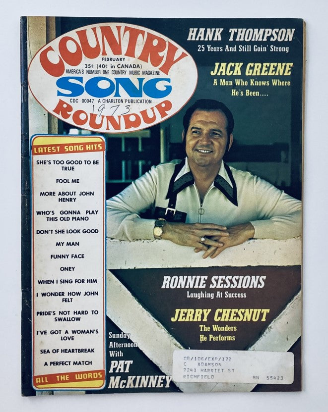 Country Song Roundup Magazine February 1973 featuring Jack Greene and Hank Thompson on the cover, showcasing vintage country music history.