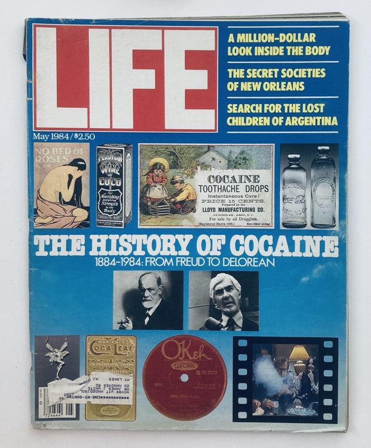 Cover of VTG Life Magazine May 1984 Vol 7 No. 5 titled 'The History of Cocaine 1884-1984', featuring various historical images and advertisements related to cocaine, along with prominent figures such as Sigmund Freud.