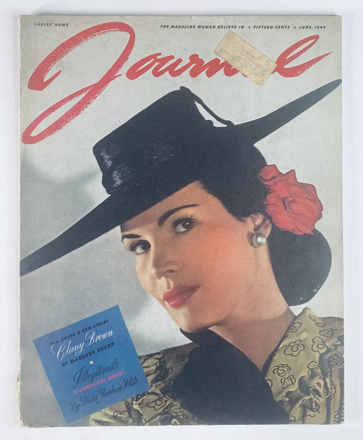 Cover of Ladies' Home Journal Magazine, June 1944, Vol 61 No 6 featuring Cluny Brown, showcasing a fashionable woman in a black hat and floral attire.