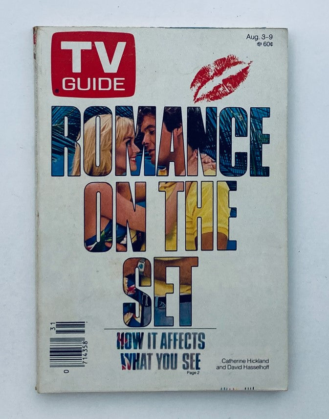 Cover of TV Guide Magazine August 3 1985 featuring Catherine Hickland and David Hasselhoff with the headline 'Romance on the Set'. The cover includes a kiss mark illustration, highlighting the theme of romance in television.
