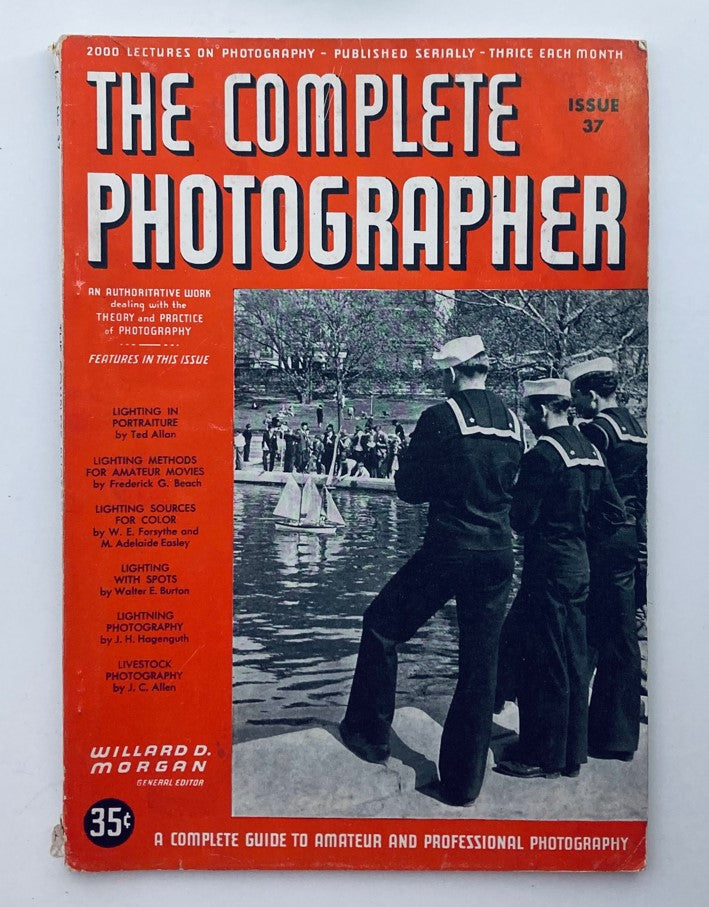 Cover of The Complete Photographer Magazine September 20, 1942, featuring a vibrant orange background and illustrations, emphasizing lighting techniques for photographers.