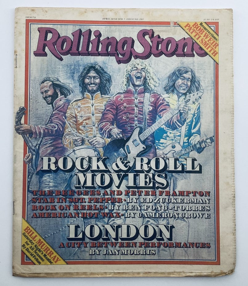 VTG Rolling Stone Magazine April 20 1978 No. 263 featuring the Bee Gees on the cover, showcasing vibrant illustrations and rock music themes.