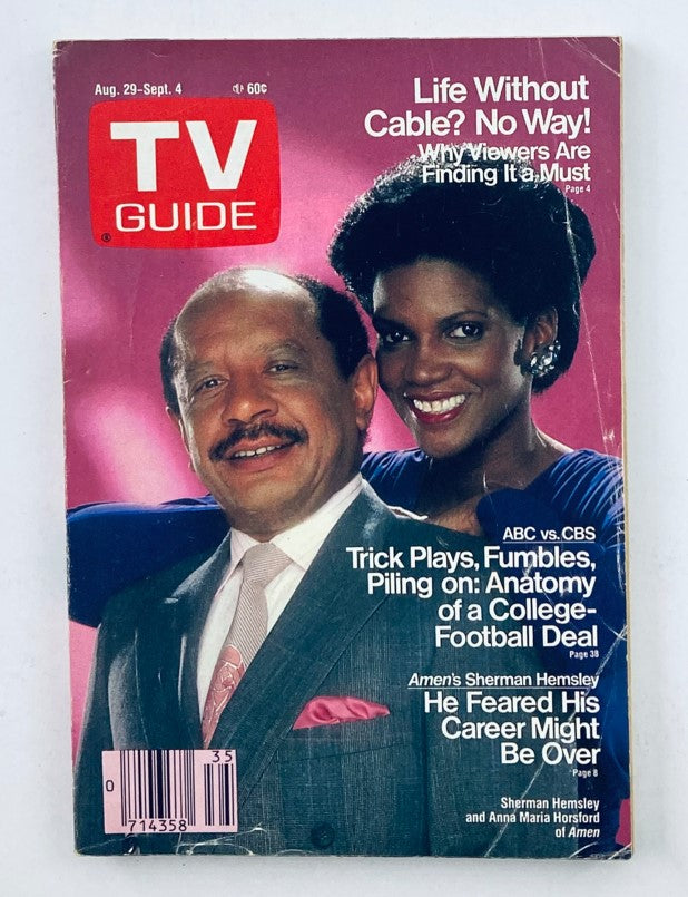 Cover of TV Guide Magazine dated August 29, 1987, featuring Sherman Hemsley and Anna Maria Horsford, showcasing television programs and pop culture from the late 1980s.