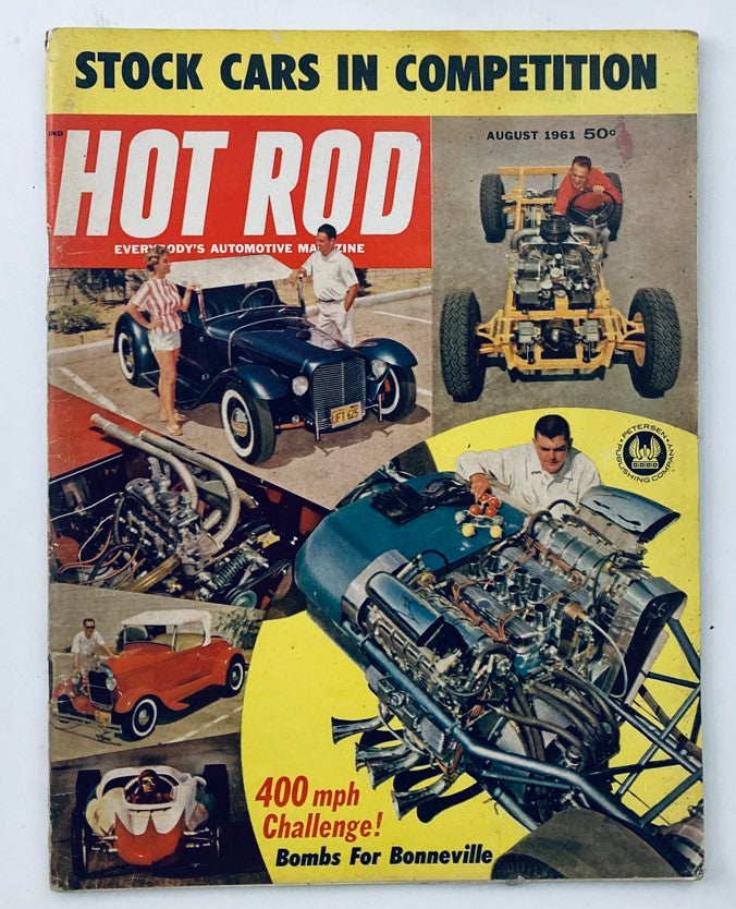 Cover of VTG Hot Rod Magazine August 1961 Vol 14 No. 8 featuring cars and racing themes, with the headline 'Bombs for Bonneville' and collage of vintage automotive imagery.