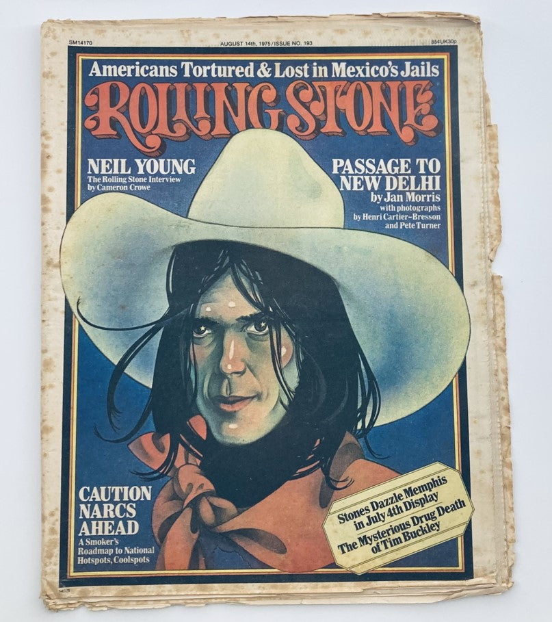 Vintage Rolling Stone Magazine from August 14, 1975, Issue No. 193 featuring Tim Buckley on the cover, highlighting his legacy after his death, with a colorful illustration and text block about Neil Young and cultural insights.