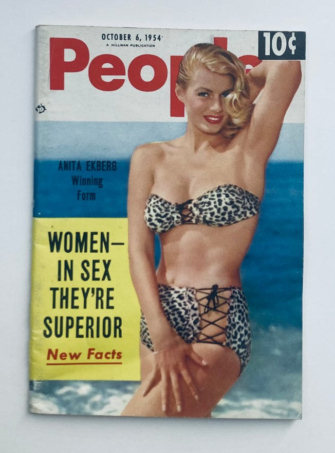 Front cover of VTG People Today Magazine October 6 1954 Vol 9 No. 7 featuring actress Anita Ekberg in a leopard print bikini, highlighting 'Women in Sex They're Superior' article, capturing 1950s Hollywood glamour.