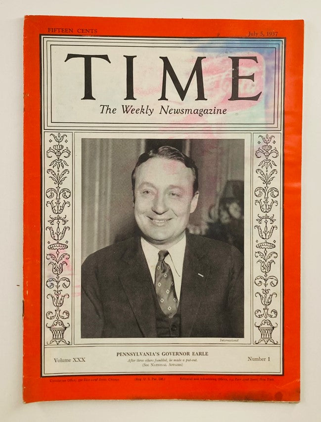 Cover of VTG Time Magazine July 5, 1937 featuring Pennsylvania's Governor George Earle III. The magazine highlights significant events of the time.