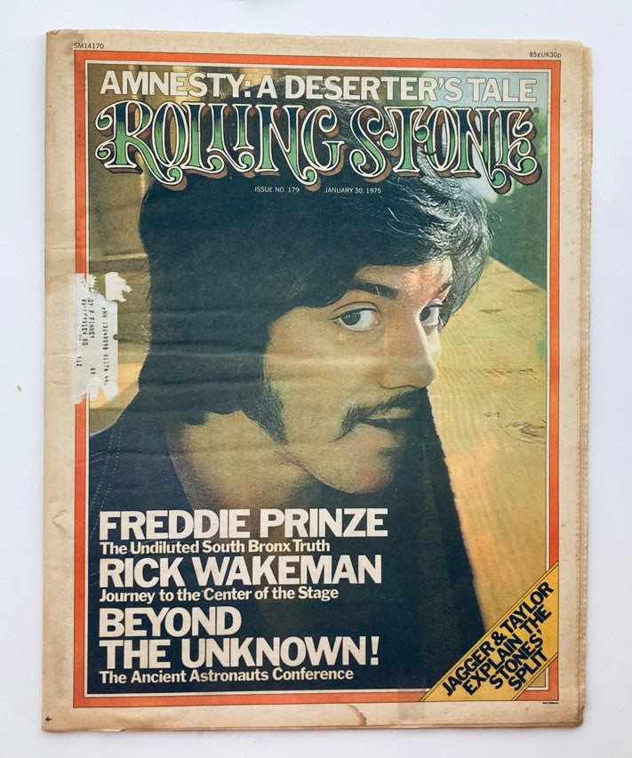 Vintage Rolling Stone Magazine January 30 1975 Issue 179 featuring Freddie Prinze on the cover with headlines about Rick Wakeman and the Ancient Astronauts Conference. Perfect collectible for entertainment history enthusiasts.