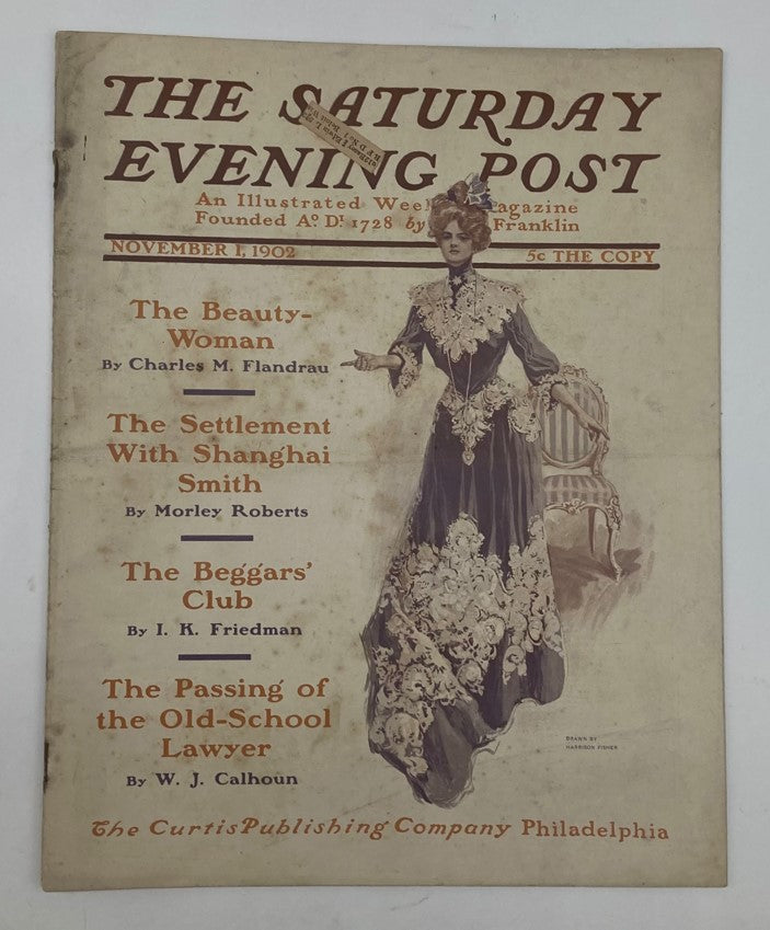 The Saturday Evening Post cover from November 1, 1902, featuring 'The Beauty-Woman' by Charles M. Flandrau, showcasing early 20th-century fashion and elegance.