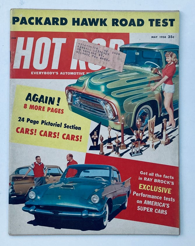 Cover of VTG Hot Rod Magazine from May 1958 featuring the Packard Hawk road test, showcasing vibrant graphics and automotive awards.