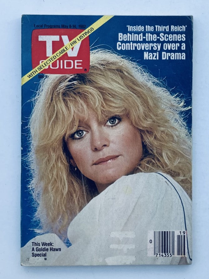 Cover of TV Guide Magazine May 8 1982 featuring a Goldie Hawn special. Showcases an image of Goldie Hawn with blonde hair. Includes headlines about local programs and popular shows of the era.