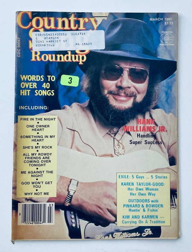 Cover of the March 1985 issue of Country Song Roundup magazine featuring Hank Williams Jr., focusing on his success in the country music scene.
