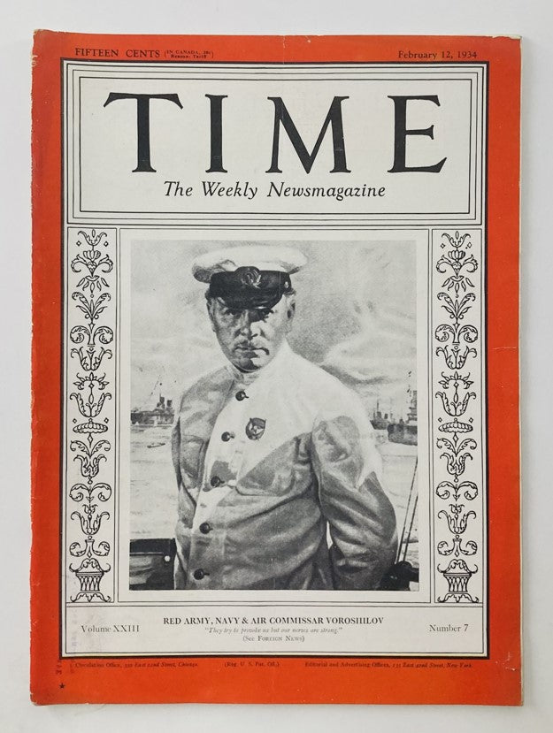 Time Magazine February 12, 1934 Cover featuring Air Commissar Kliment Voroshilov. The cover illustrates Voroshilov in military attire, emphasizing his role in Soviet military history, with a captivating red border design.