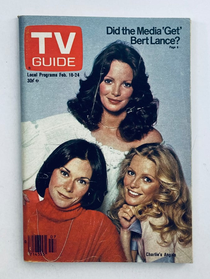 TV Guide Magazine February 18, 1978 featuring the cast of Charlie's Angels on the cover, showcasing three actresses with vibrant hairstyles and clothing styles from the late 70s, highlighting a piece of television history.