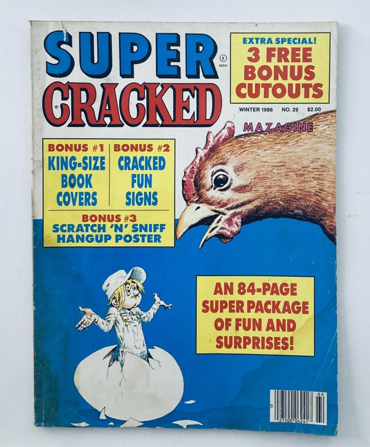 Cover of VTG Super Cracked Magazine Winter 1986 No. 29 featuring vibrant artwork and humorous imagery, showcasing the title 'Super Cracked' and circled bonuses like King-Size Book Covers and Scratch 'n' Sniff Hangup Poster.