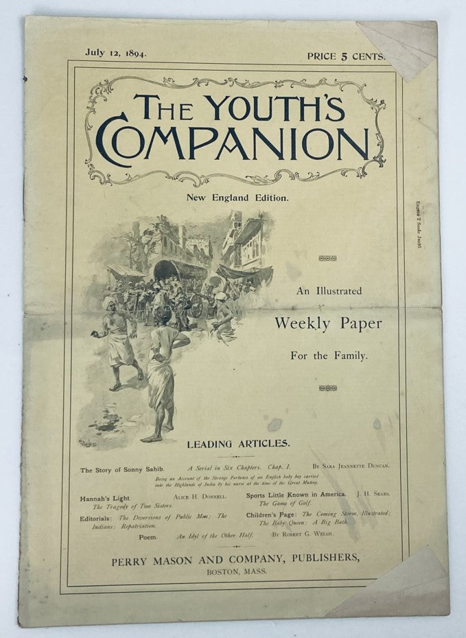 Cover of VTG The Youth's Companion Magazine July 12, 1894, featuring illustration from the story of Sonny Sahib, an illustrated weekly paper for the family.