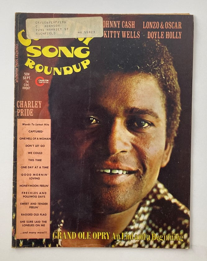 Cover of VTG Country Song Roundup Magazine from September 1974 featuring Johnny Cash, Charley Pride, and the Grand Ole Opry. The magazine includes articles on iconic country music artists.
