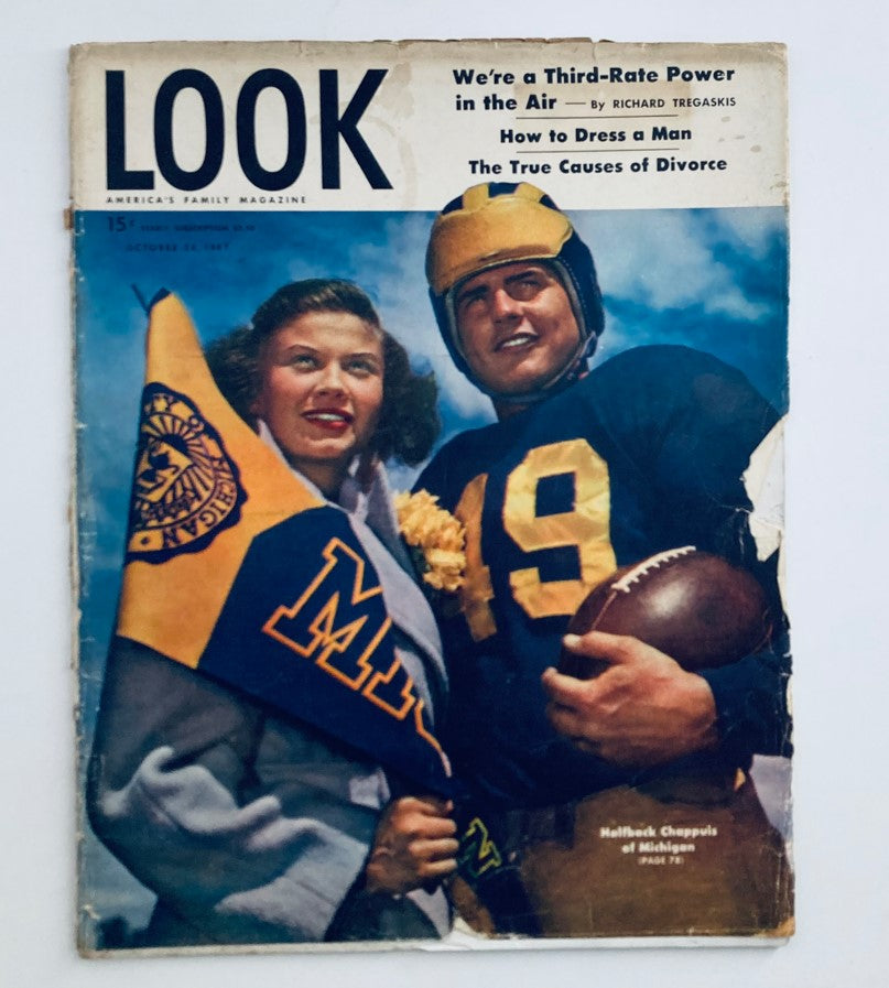 Cover of VTG Look Magazine October 28, 1947 featuring Bob Chappuis with a woman holding a team flag. The magazine highlights mid-20th century Americana.