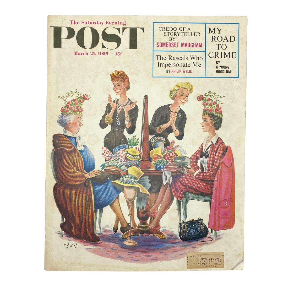 Cover of the Saturday Evening Post Magazine from March 21, 1959, featuring a colorful illustration by Alajalov depicting a lively Easter parade with women in fashionable attire.