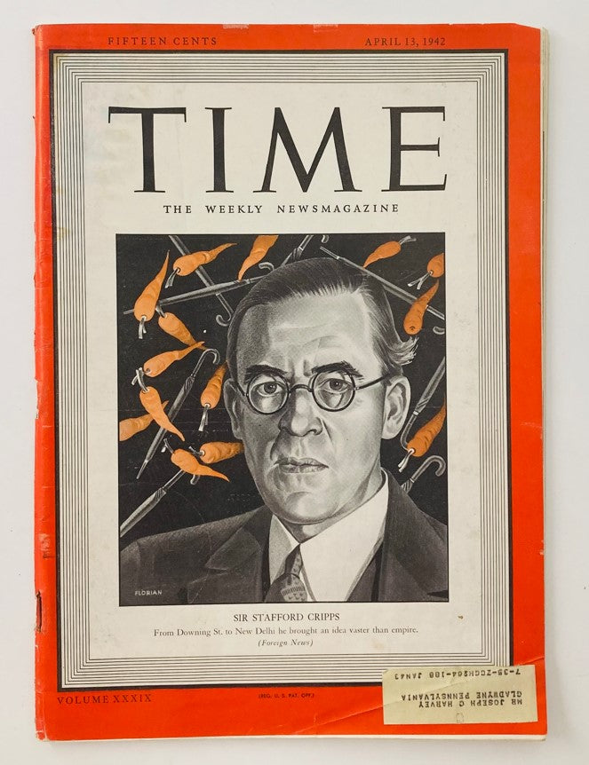 Cover page of VTG Time Magazine from April 13, 1942, featuring Sir Stafford Cripps, Volume 39 No. 15, showcasing wartime diplomacy.