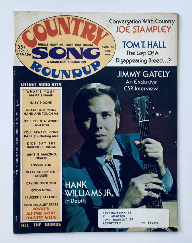 Cover of the VTG Country Song Roundup Magazine from August 1973 featuring Hank Williams Jr. In Depth, showcasing country music highlights, song hits of the era, and magazine details.