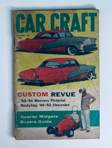 Cover of VTG Car Craft Magazine December 1957 featuring Quarter Midgets Buyers Guide, showcasing classic cars and automotive design from the 1950s.